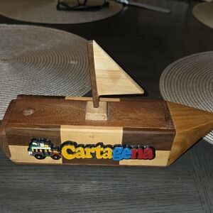 RARE HAND MADE Dominos Game   Wooden Sailboat with Multicolor Design